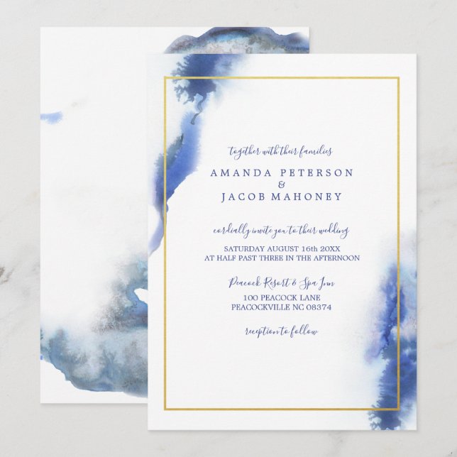 Invitación Boda de marco dorado de mármol azul Ombre (Anverso / Reverso)