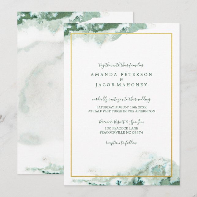 Invitación Boda de marco dorado de mármol verde (Anverso / Reverso)