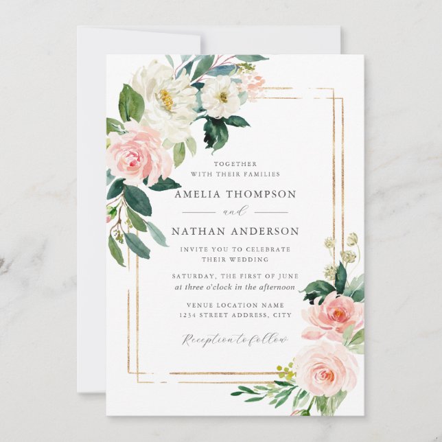 Invitación Boda de marco dorado de Rubor floral (Anverso)