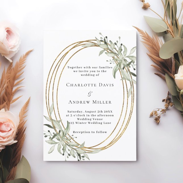 Invitación Boda de marco dorado de vegetación verde sabio (Subido por el creador)