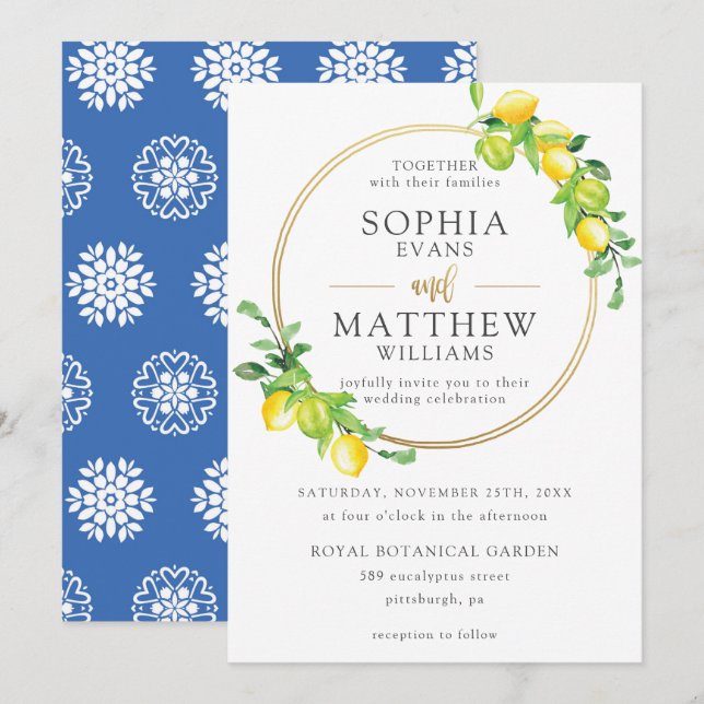 Invitación Boda de marco dorado de verano de Lemons Azure Gre (Anverso / Reverso)