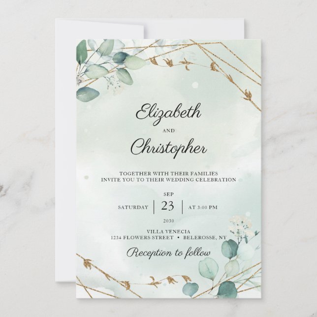 Invitación Boda de marco dorado Eucalyptus Foliage (Anverso)