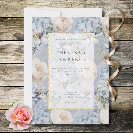 Invitación Boda de marco dorado floral azul y blanco ruso