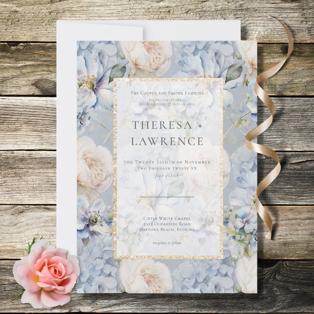Invitación Boda de marco dorado floral azul y blanco ruso (Subido por el creador)