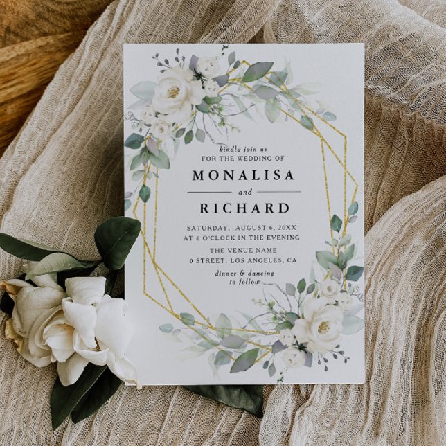 Invitación Boda de marco dorado floral blanco (Subido por el creador)