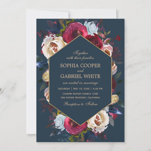 Invitación Boda de marco dorado floral de borgoña y melocotón (Anverso)