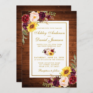 Invitación Boda de marco dorado floral de color de agua de ma