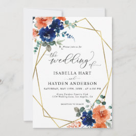 Invitación Boda de marco dorado floral de Naranja quemado por