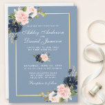 Invitación Boda de marco dorado floral de Rubor azul turbio<br><div class="desc">Elegante acuarela Dusty Blue Pink Rubor Floral,  tarjeta de invitación de la boda del marco dorado</div>