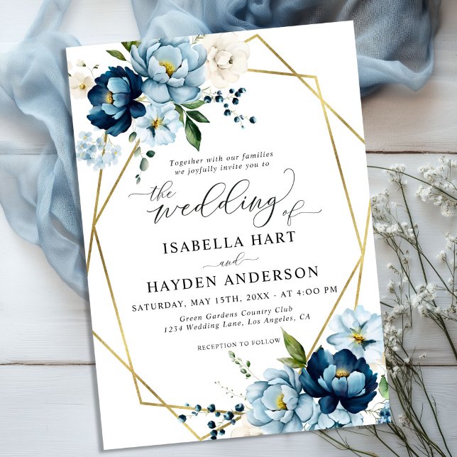Invitación Boda de marco dorado floral elegante azul de la Ma (Subido por el creador)