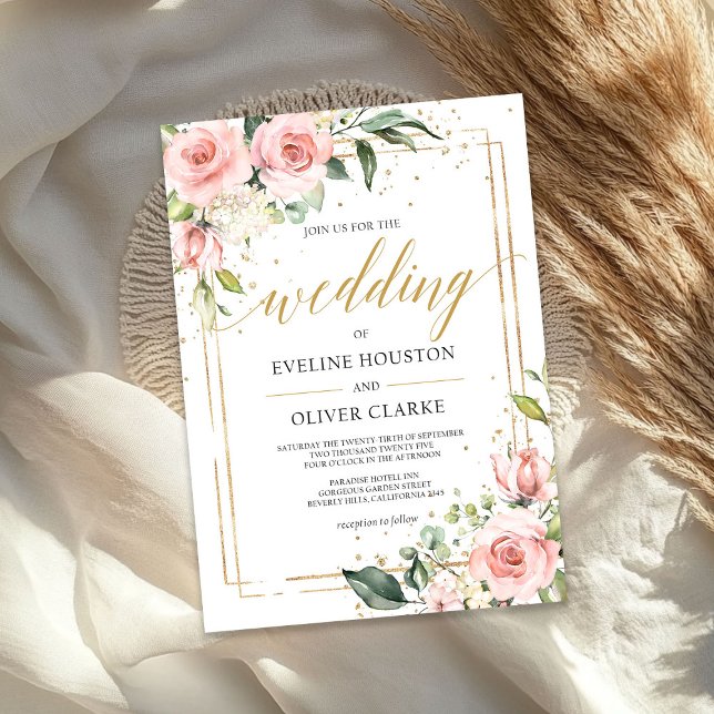 Invitación Boda de marco dorado floral rosa de Boho moderno (Modern Boho blush pink floral gold frame wedding Invitation)