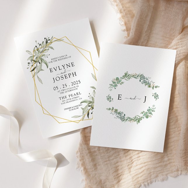 Invitación Boda de marco dorado geométrico de eucalipto ruso (Subido por el creador)