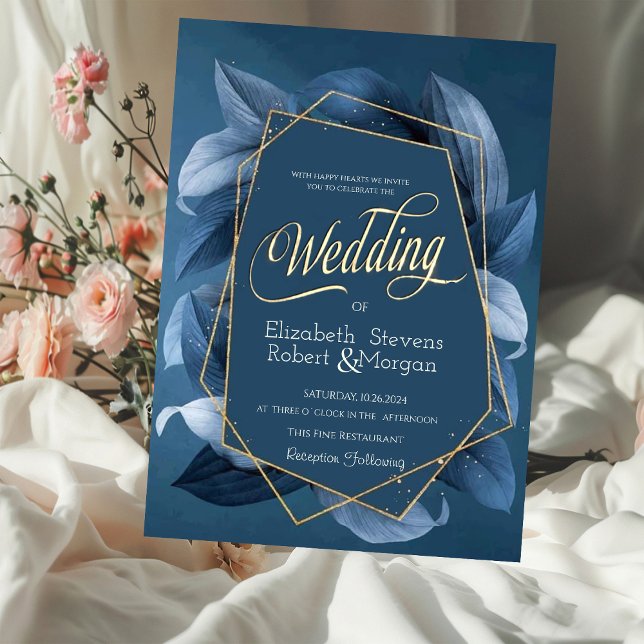 Invitación Boda de Marco Dorado Hojas Azules (Subido por el creador)