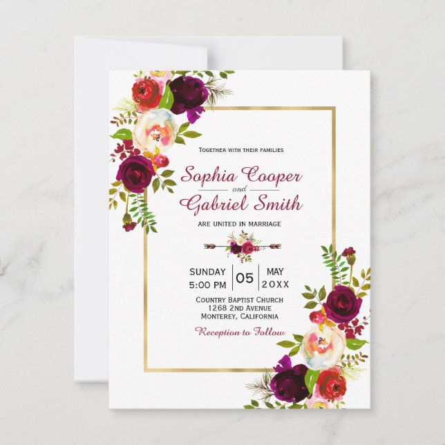 Invitación Boda de marco dorado moderno Chich Burgundy Floral (Anverso)
