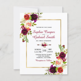 Invitación Boda de marco dorado moderno Chich Burgundy Floral