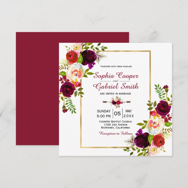 Invitación Boda de marco dorado moderno Chich Burgundy Floral (Anverso / Reverso)