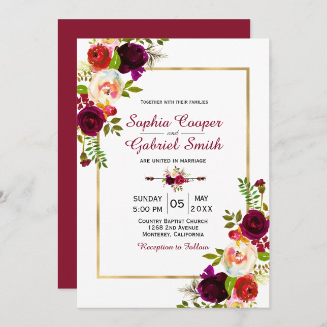 Invitación Boda de marco dorado moderno Chich Burgundy Floral (Anverso / Reverso)
