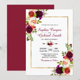 Invitación Boda de marco dorado moderno Chich Burgundy Floral