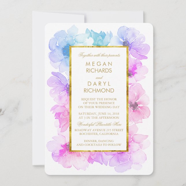 Invitación Boda de marco dorado morado y floral azul (Anverso)