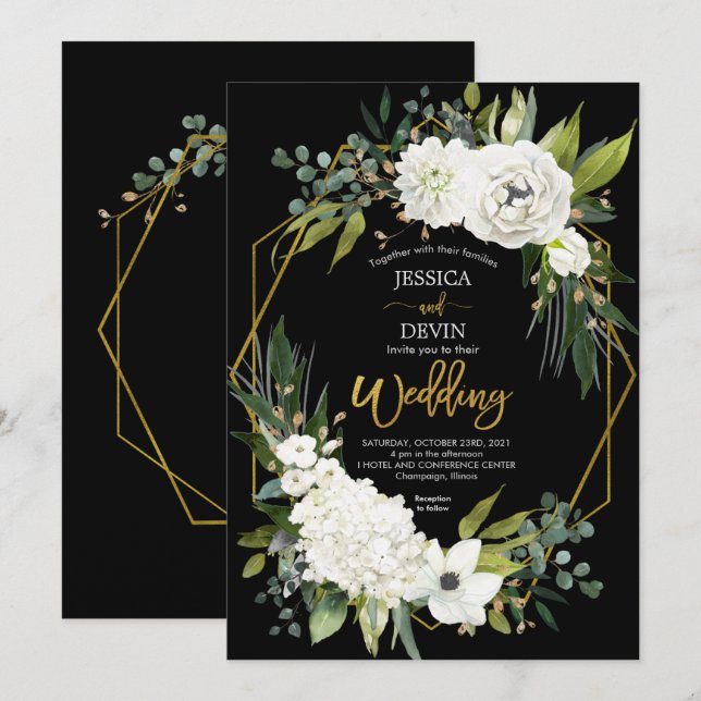 Invitación Boda de marco dorado negro floral blanco moderno (Anverso / Reverso)