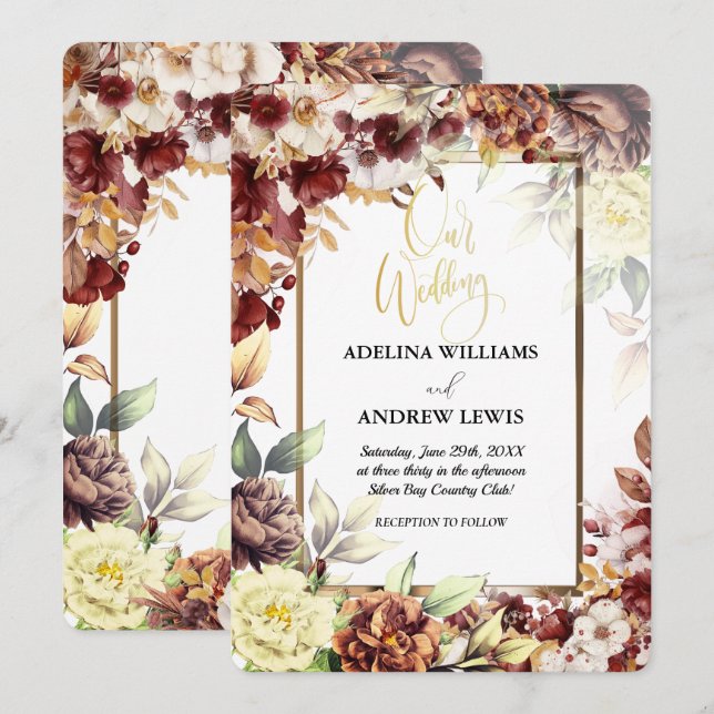 Invitación Boda de marco dorado simple Rosa simple minimalist (Anverso / Reverso)