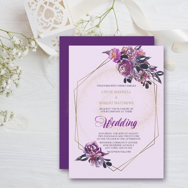Invitación Boda de marco dorado violeta púrpura (Subido por el creador)