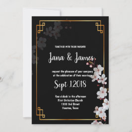 Invitación boda de marco dorado y flores de cerezo blanco