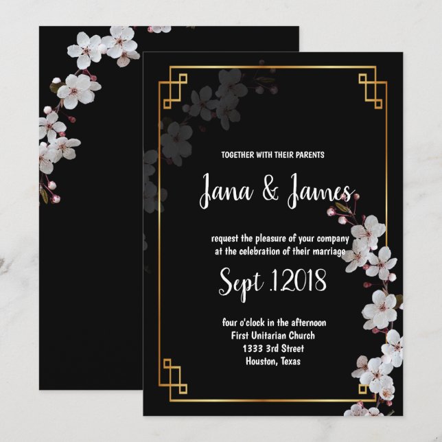 Invitación boda de marco dorado y flores de cerezo blanco (Anverso / Reverso)