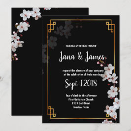 Invitación boda de marco dorado y flores de cerezo blanco