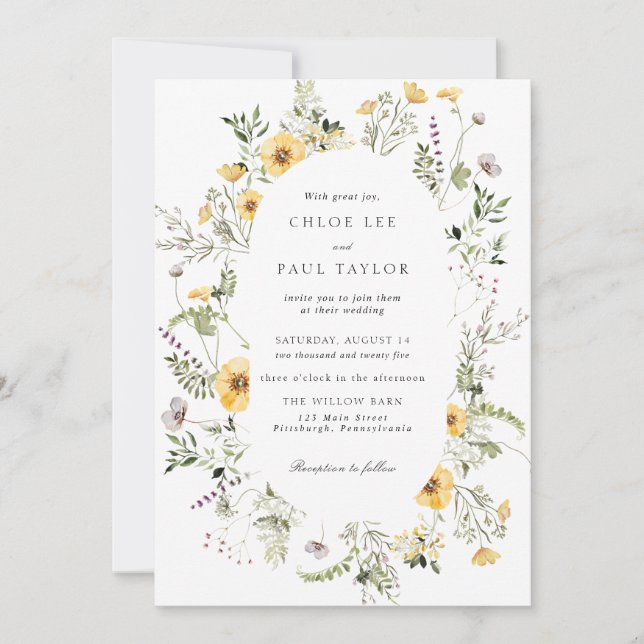 Invitación Boda de marco elegante amarillo de flores silvestr