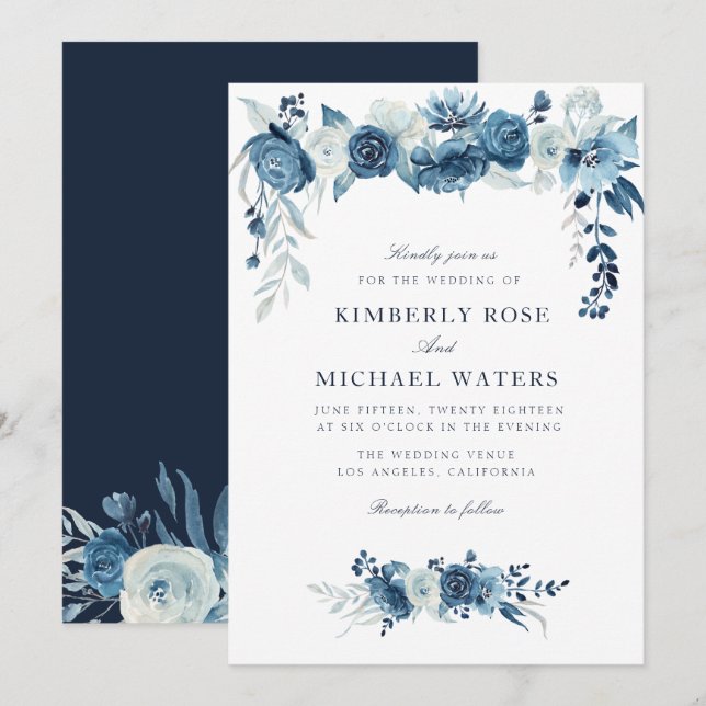 Invitación boda de marco floral azul celeste de luna (Anverso / Reverso)