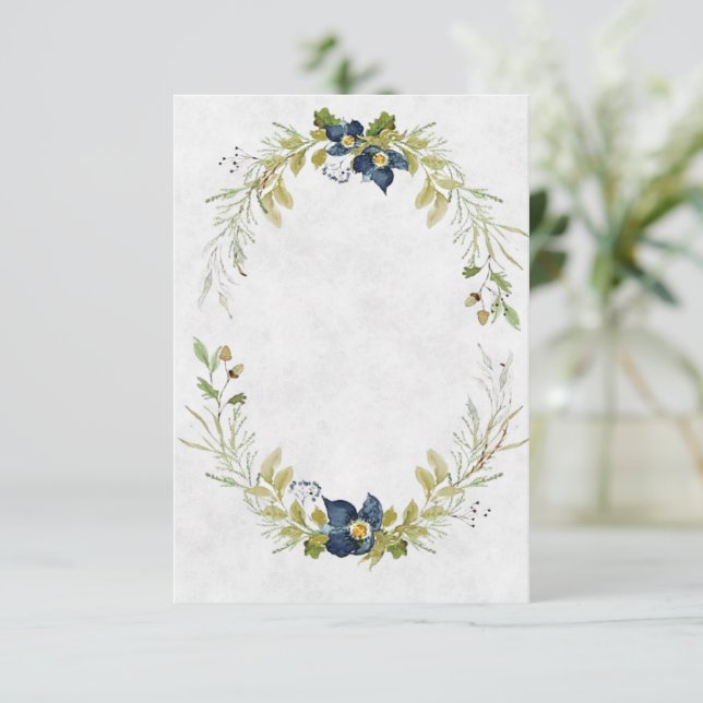 Invitación Boda de marco floral azul en blanco (Anverso de pie)