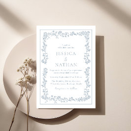 Invitación Boda de marco floral azul turbio y elegante de épo