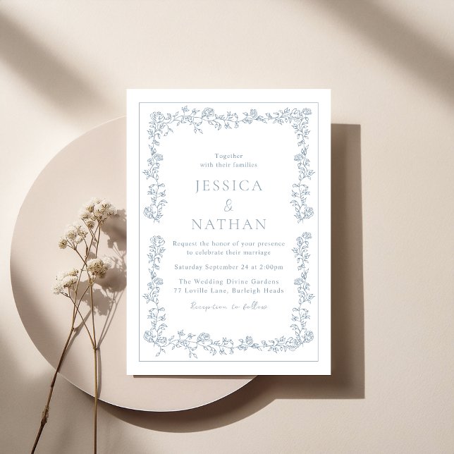 Invitación Boda de marco floral azul turbio y elegante de épo (Subido por el creador)