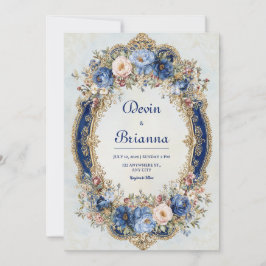 Invitación Boda de marco floral azul y dorado victoriano