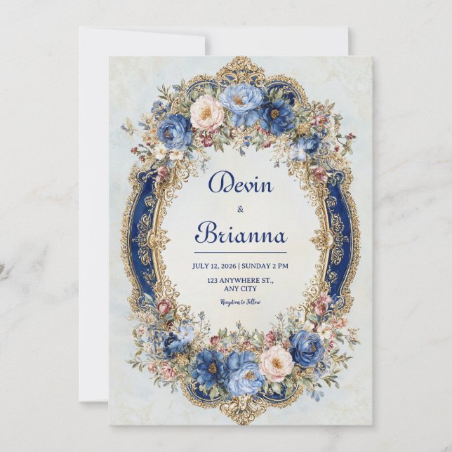 Invitación Boda de marco floral azul y dorado victoriano (Anverso)