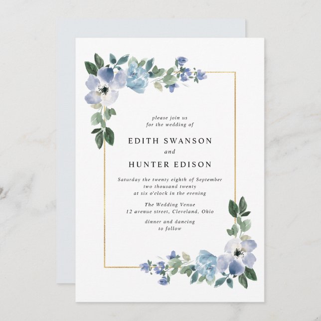 Invitación boda de marco floral azul y verde (Anverso / Reverso)