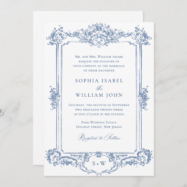 Invitación Boda de marco floral Blue Victorian Ornate Grace (Anverso / Reverso)