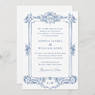 Invitación Boda de marco floral Blue Victorian Ornate Grace