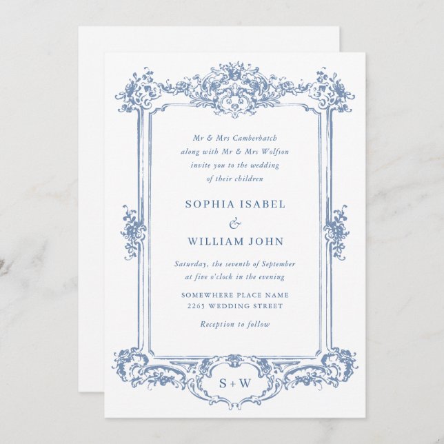 Invitación Boda de marco floral Blue Victorian Ornate Grace (Anverso / Reverso)