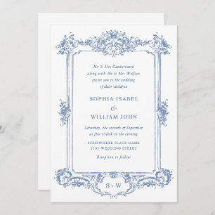 Invitación Boda de marco floral Blue Victorian Ornate Grace