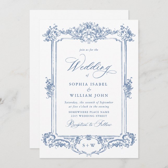 Invitación Boda de marco floral Blue Victorian Ornate Grace (Anverso / Reverso)