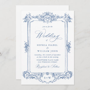 Invitación Boda de marco floral Blue Victorian Ornate Grace