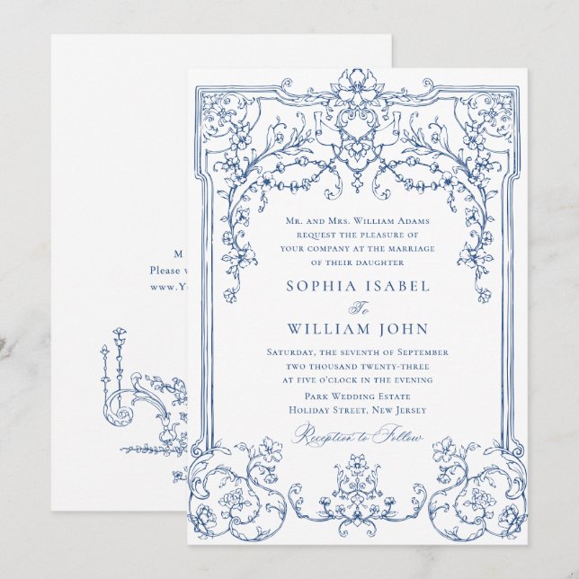 Invitación Boda de marco floral Blue Victorian Ornate Grace (Anverso / Reverso)