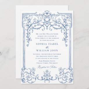 Invitación Boda de marco floral Blue Victorian Ornate Grace
