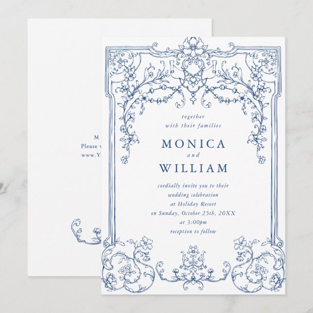 Invitación Boda de marco floral Blue Victorian Ornate Grace (Anverso / Reverso)