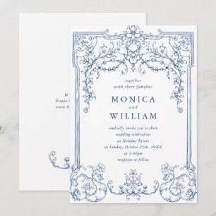 Invitación Boda de marco floral Blue Victorian Ornate Grace