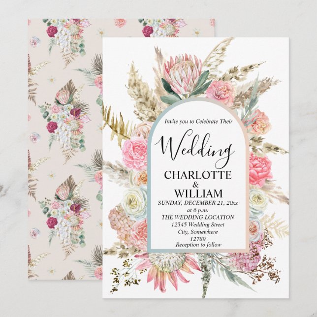 Invitación Boda de marco floral bohemio (Anverso / Reverso)