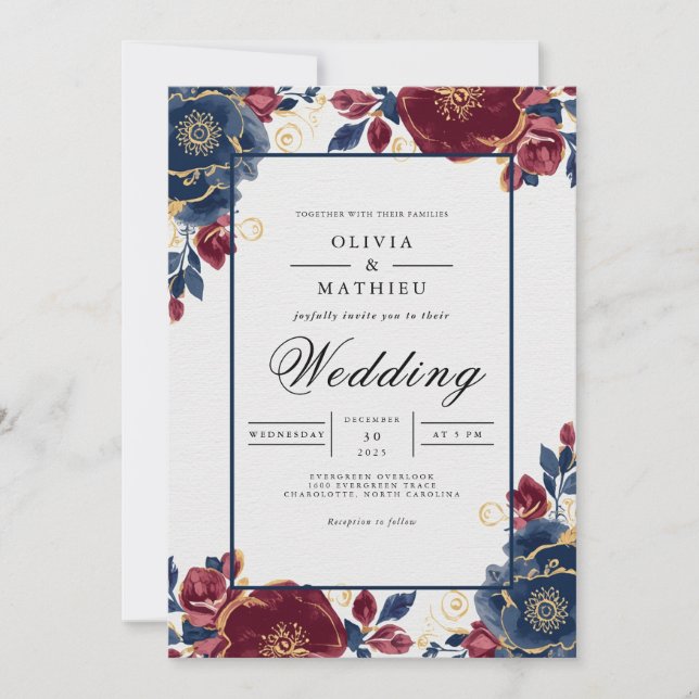 Invitación Boda de Marco Floral Burgundy Profundo (Anverso)