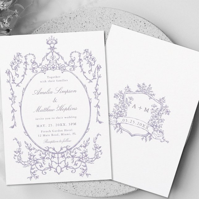 Invitación Boda de marco floral clásico de lavanda            (Front & Back)
